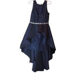 RARE EDITIONS Elegant Navy Dress with Embellishments & Floral Embroidery Girl 7